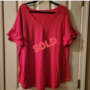 Bright Pink Vneck ruffle sleeve tee 3XL